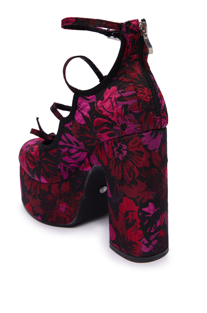 AZALEA WANG SPROUT RED MULTI FLORAL BROCADE MARY JANE PLATFORM PUMP