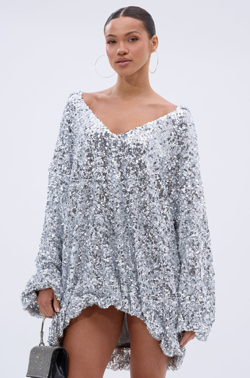 GISELLE SEQUIN SWEATSHIRT DRESS IN SILVER