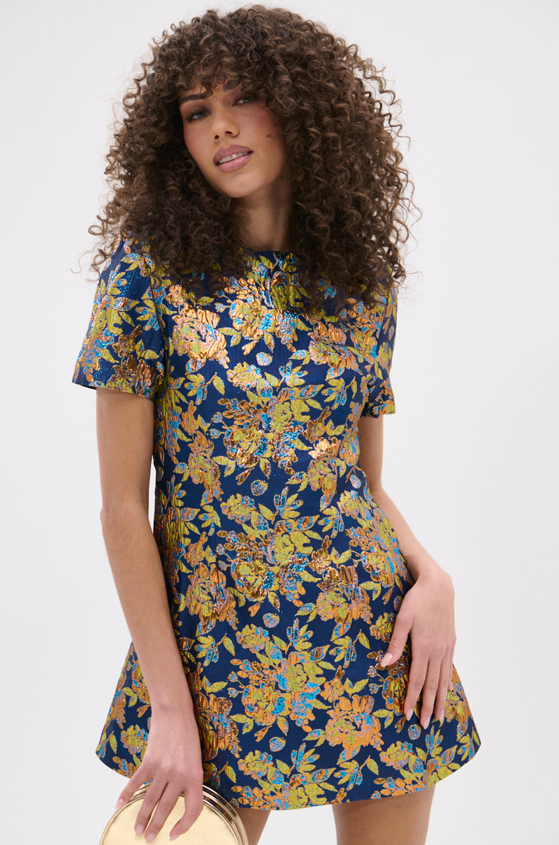 BLUE IS THE NEW BLACK BROCADE MINI DRESS