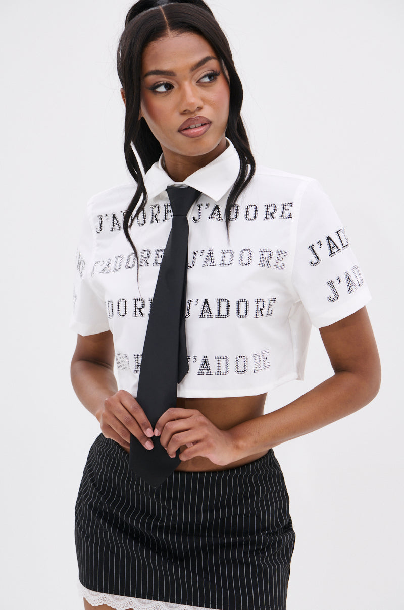 J'ADORE RHINESTONE CROPPED BUTTON DOWN