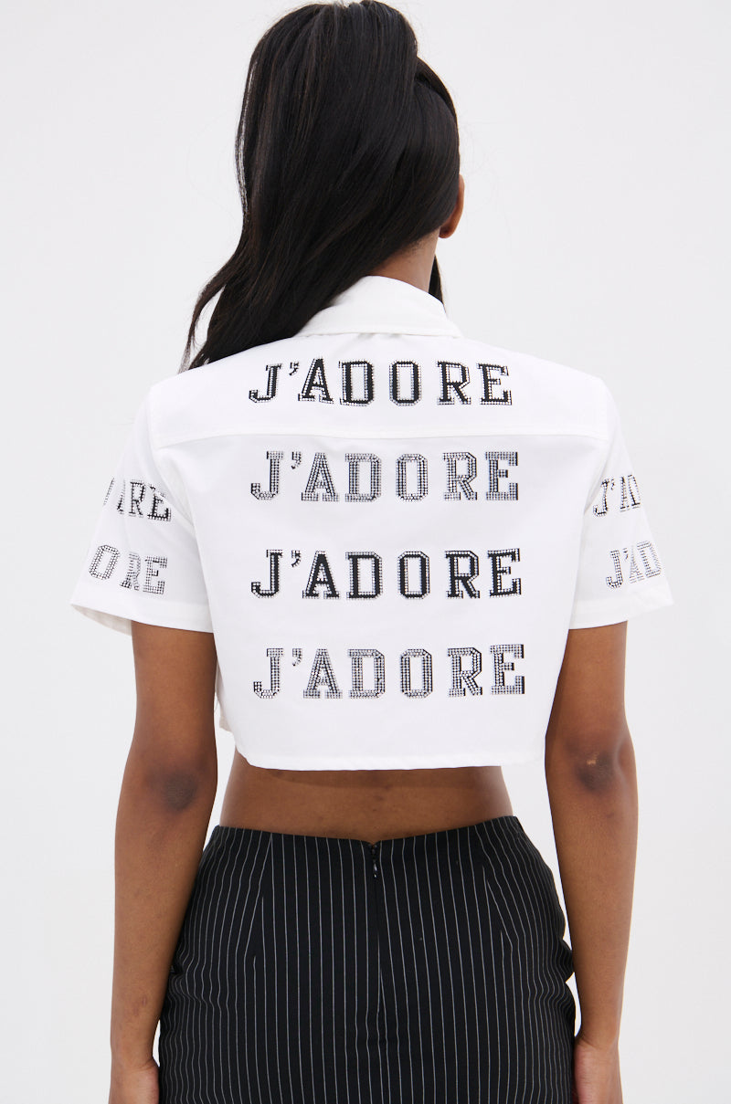 J'ADORE RHINESTONE CROPPED BUTTON DOWN