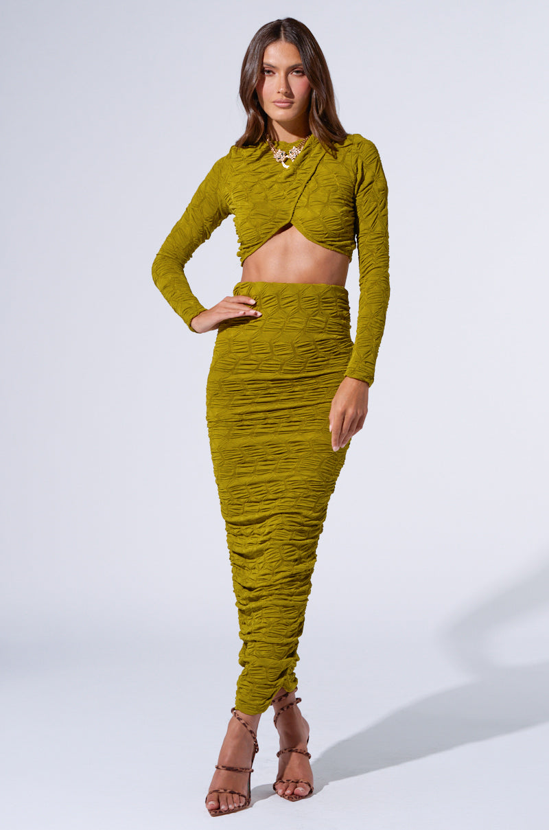 MAYBE NEXT TIME RUCHED LONG SLEEVE TOP IN OLIVE