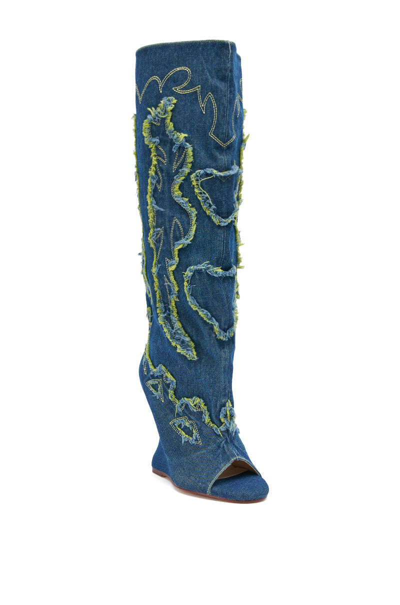 AZALEA WANG VIANCA GREEN MULTI DENIM WEDGE BOOT