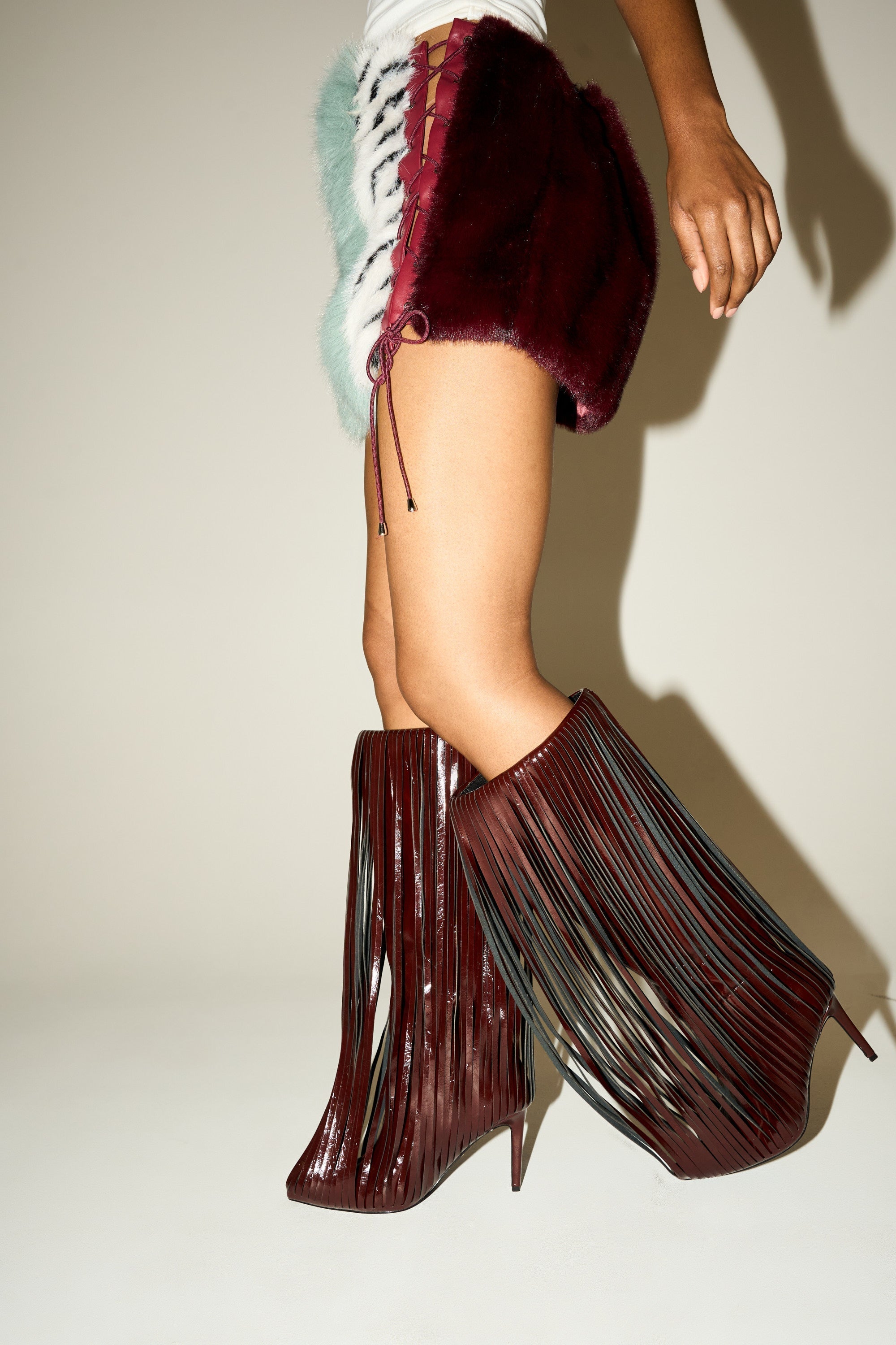 AZALEA WANG XANTARA FRINGE BURGUNDY STILETTO BOOT