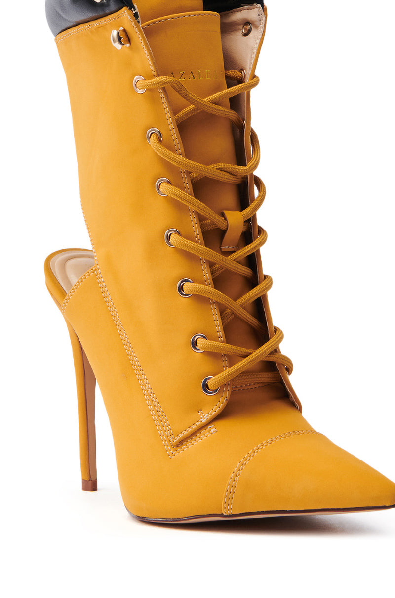 AZALEA WANG XIOMARA YELLOW LACE UP STILETTO BOOTIE