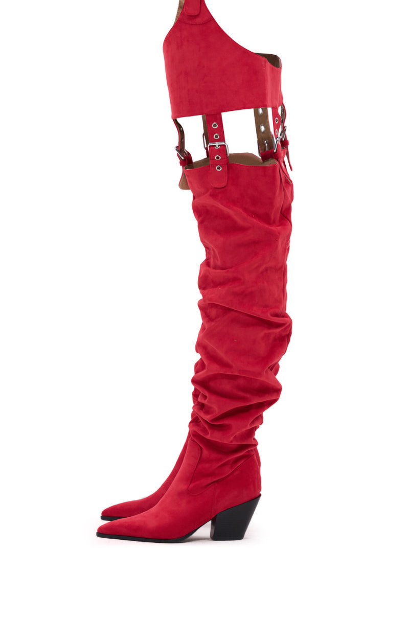 AZALEA WANG XOMARIA RED FAUX SUEDE WESTERN CHAP BOOT