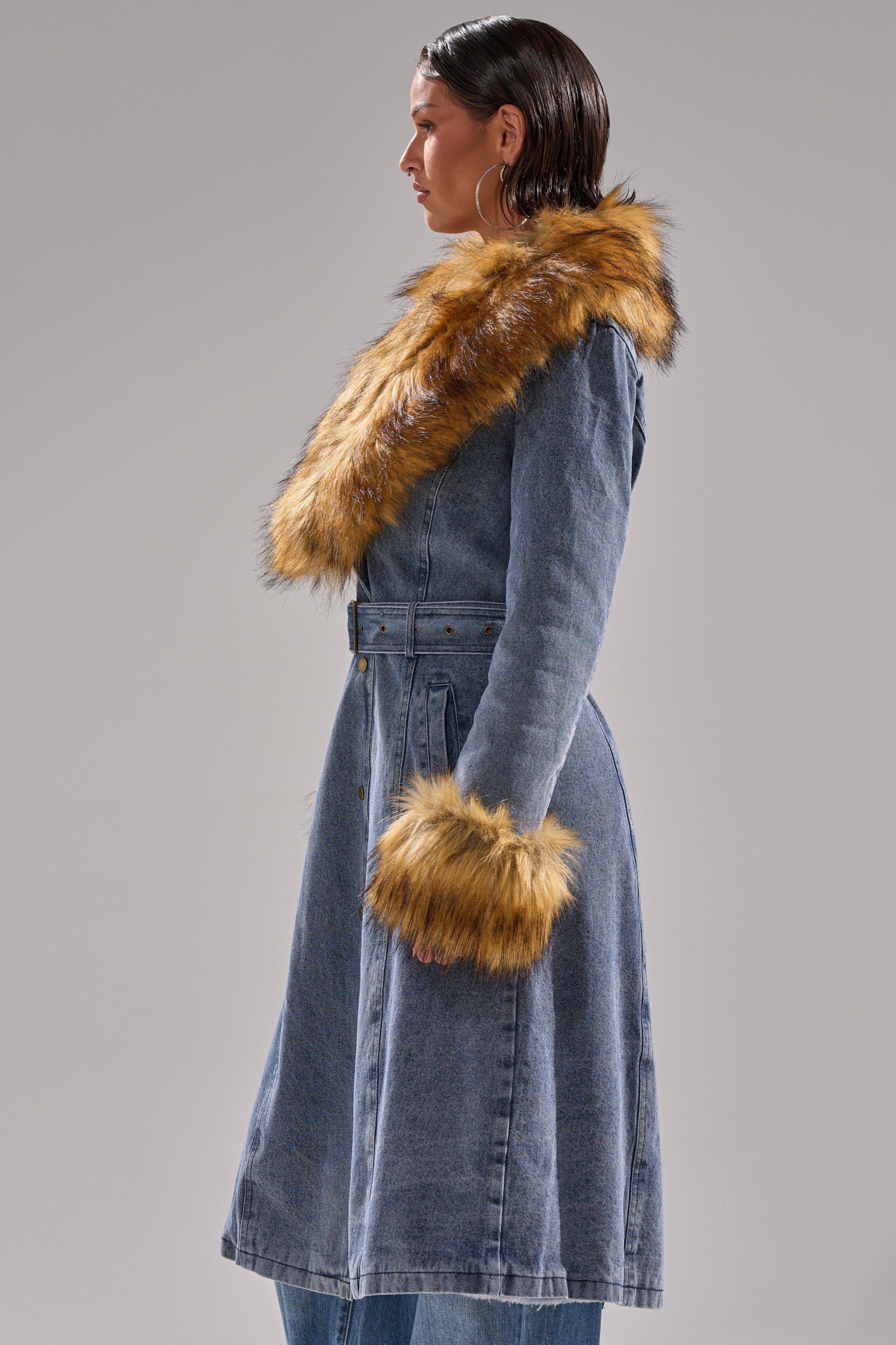 KAYA FUR TRIM DENIM TRENCH