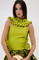 BAROQUE MOCK NECK TOP IN CHARTREUSE