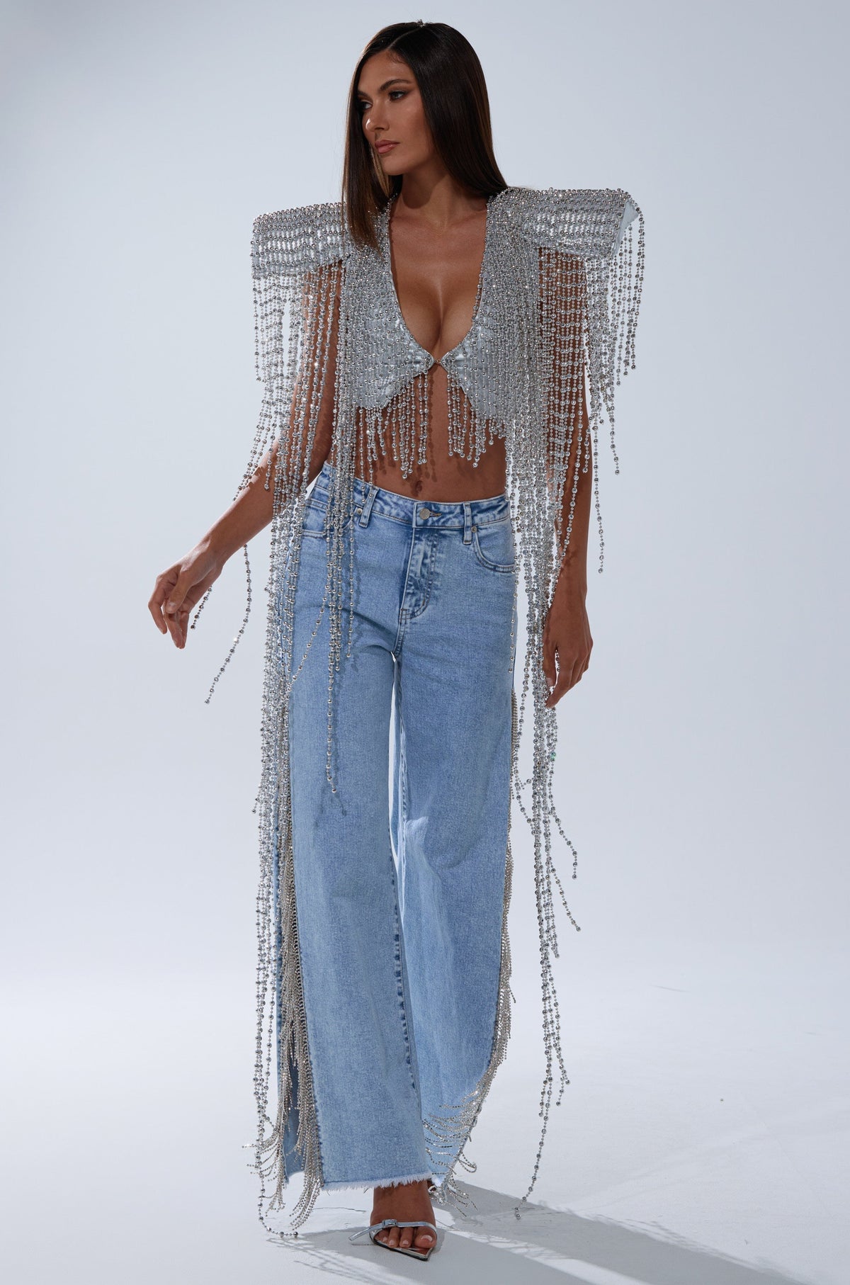 IN MY OWN LANE SILVER BEADED TOP