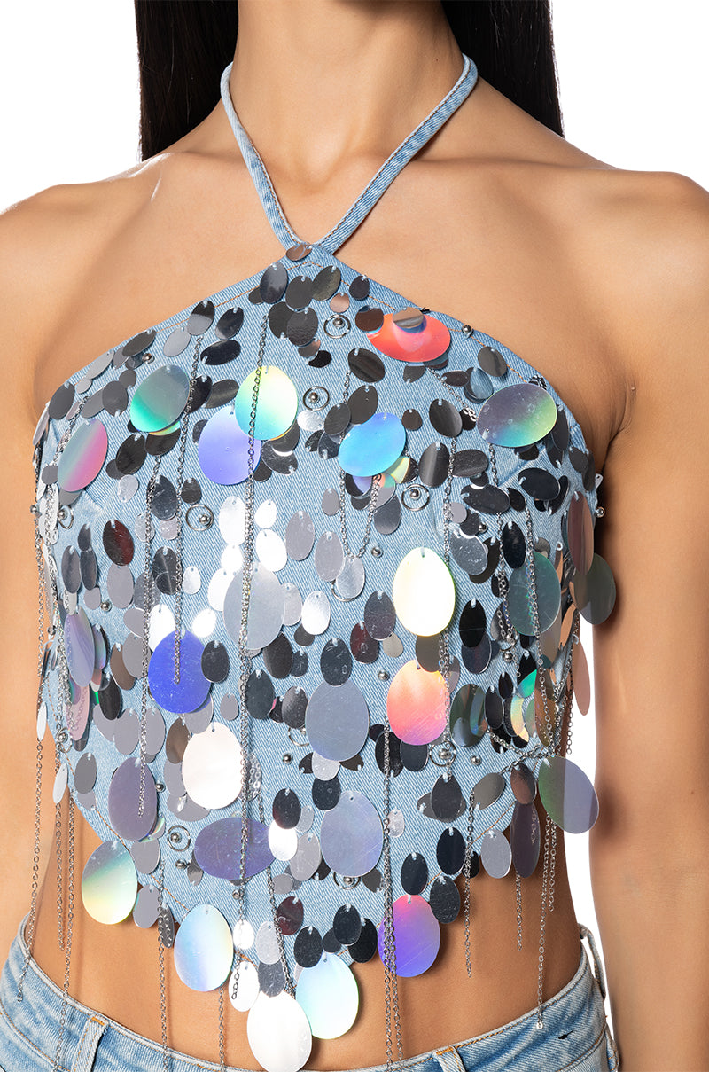 A GIRL NAMED LUCKY EMBELLISHED HALTER NECK TOP