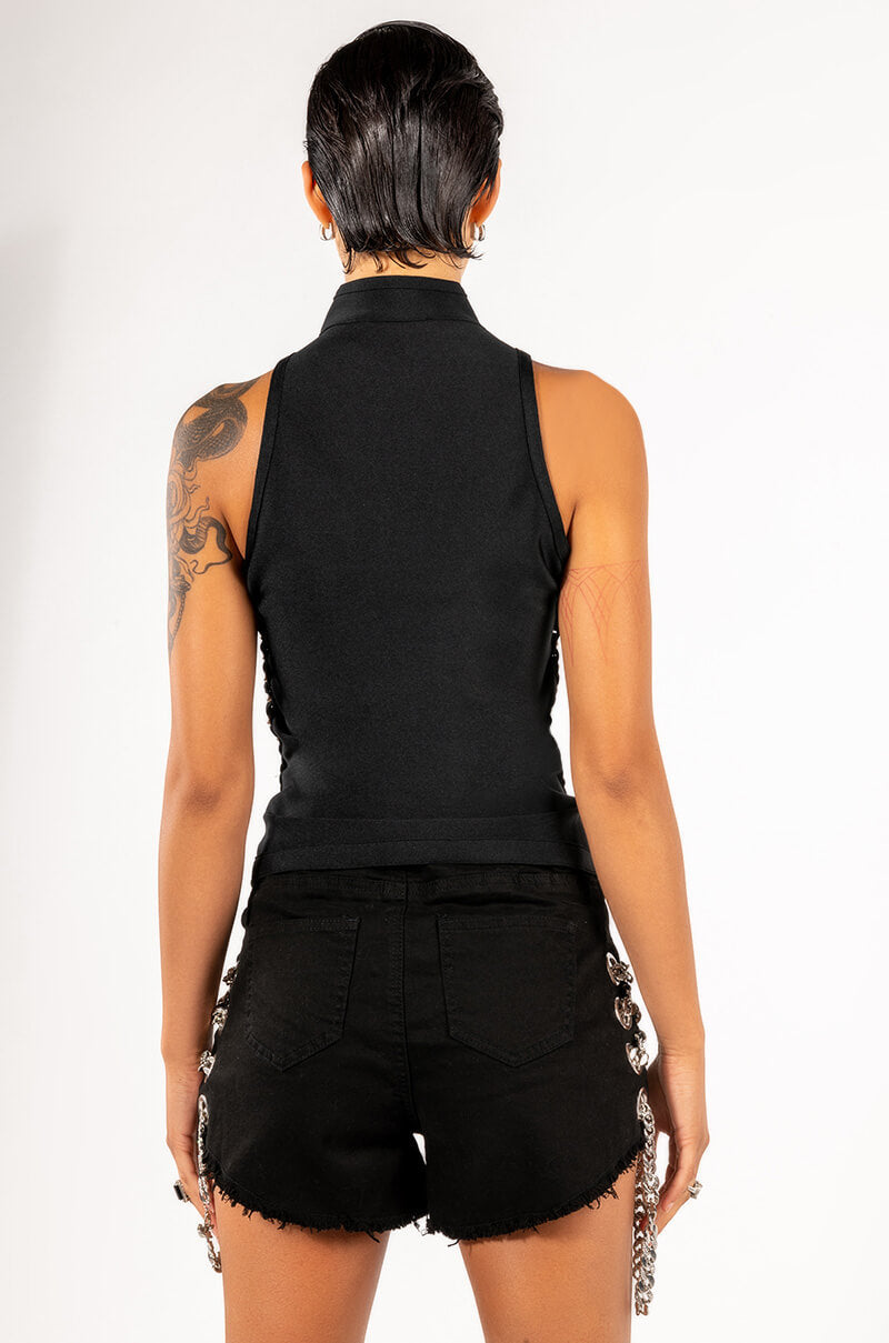 ABCDEFU LACE UP MOCK NECK SLEEVELESS BANDAGE TOP