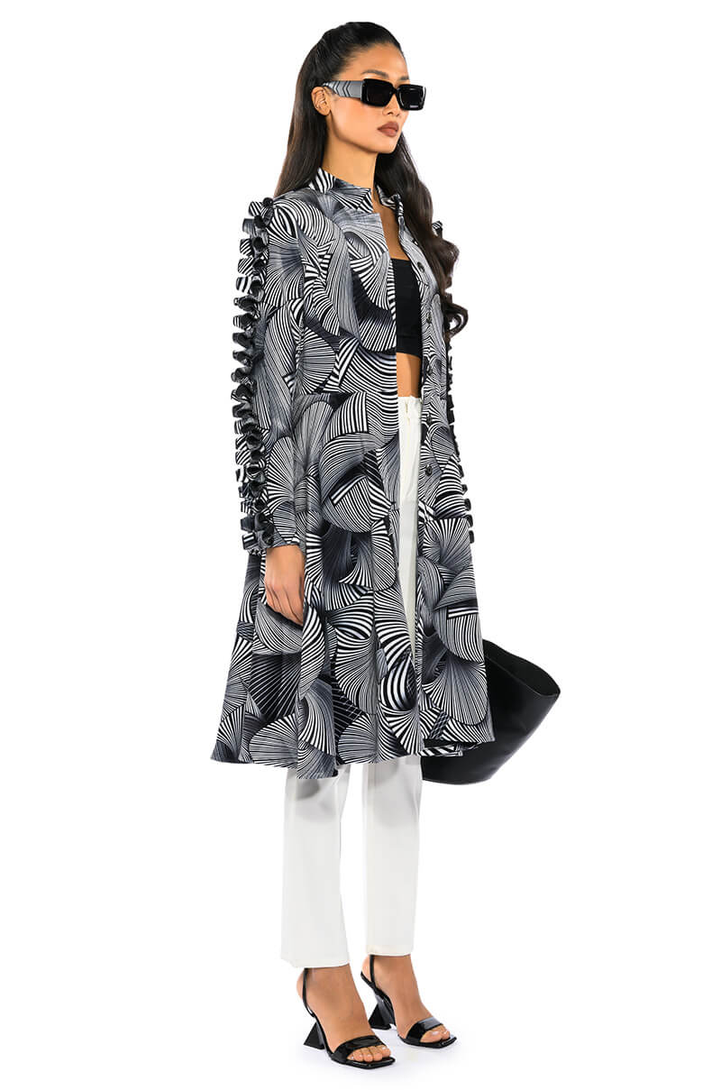 ABSTRACT PRINT BELTED LONG SLEEVE MINI DRESS