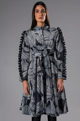 ABSTRACT PRINT BELTED LONG SLEEVE MINI DRESS