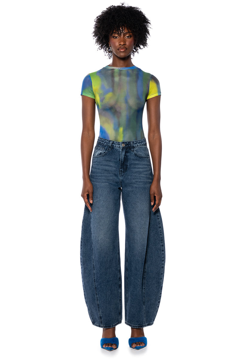 ABSTRACT PRINTED SHORT SLEEVE MESH BODYSUIT