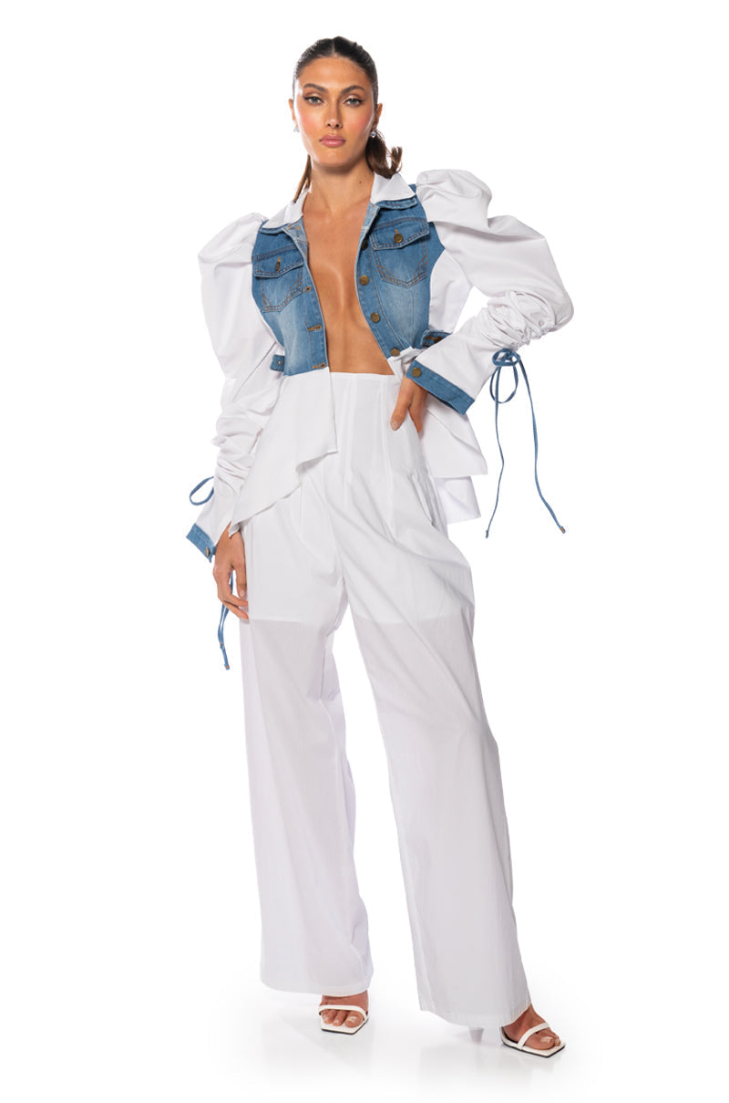 HER DENIM TOP WITH SATIN CONTRAST