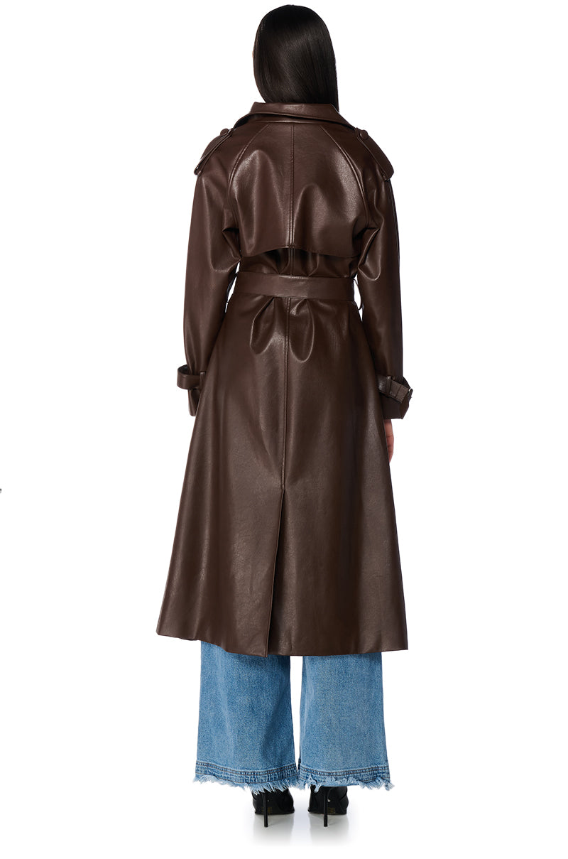 AU REVOIR FAUX LEATHER TRENCH IN BROWN