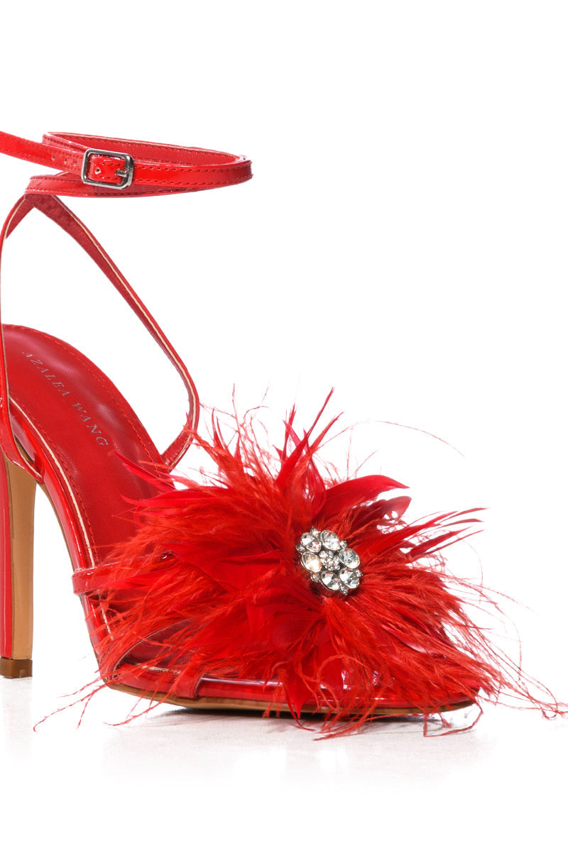 AZALEA WANG SANTOS FEATHER FLOWER DECOR SANDAL IN RED