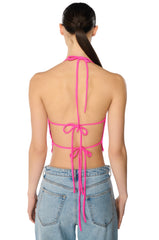 GLITZY RHINESTONE MESH HALTER TOP IN PINK