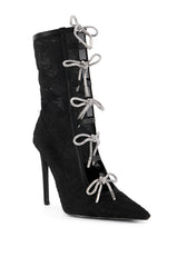 AZALEA WANG NAZANIN BLACK LACE BOOTIE WITH RHINESTONE BOWS