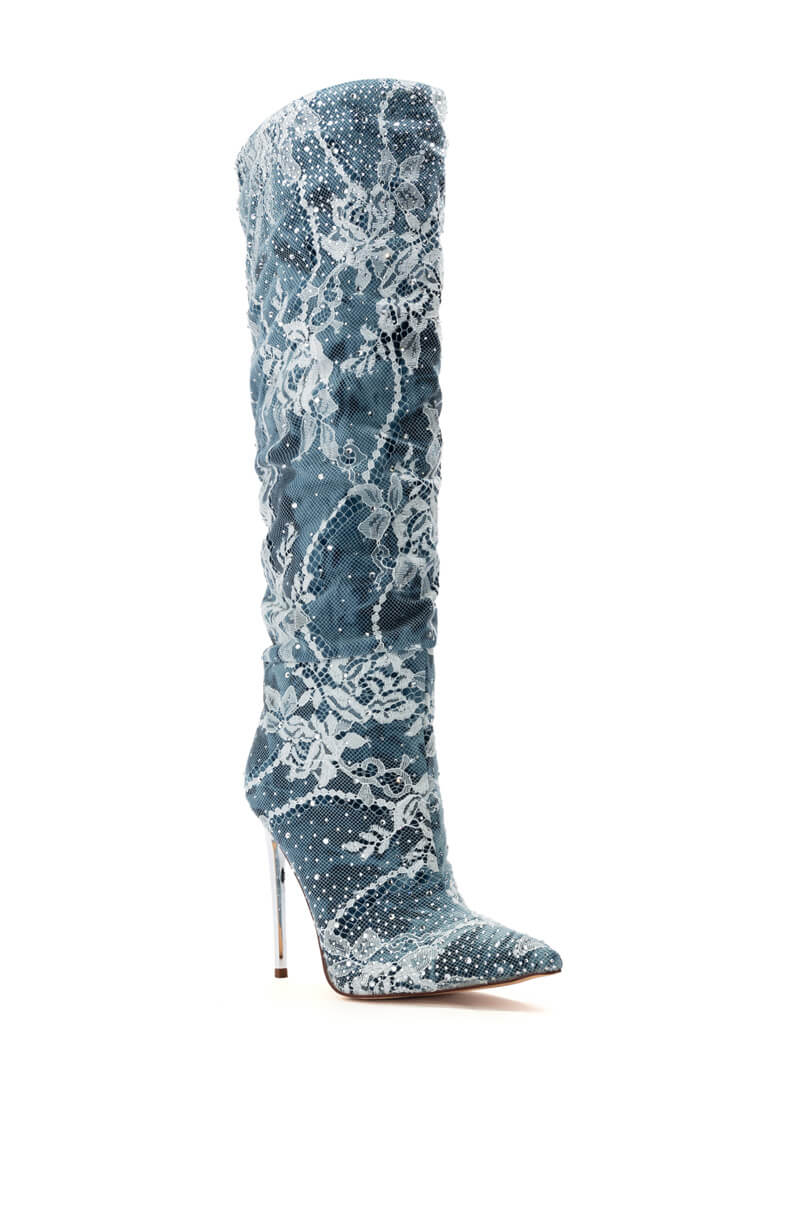 AZALEA WANG OPAL DENIM AND DIAMOND STILETTO BOOT