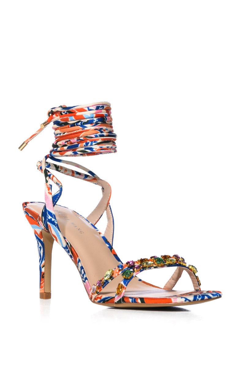 AZALEA WANG RHONDA EMBELLISHED LACE UP SANDAL IN MULTI