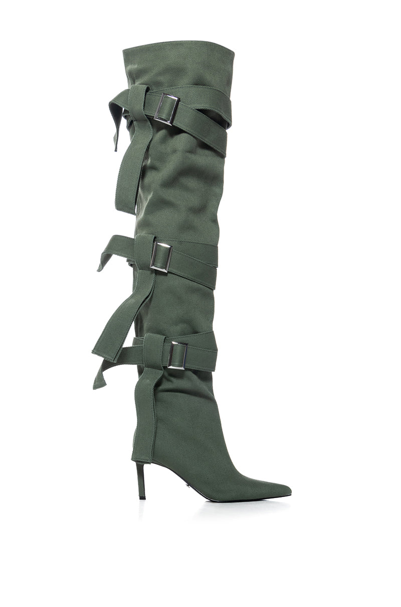 AZALEA WANG RICHMOND STRAPPY UTILITY THIGH HIGH BOOT IN GREEN
