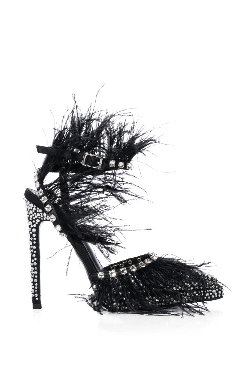 AZALEA WANG SEINE BLACK FEATHER AND DIAMOND EMBELLISHED PUMP