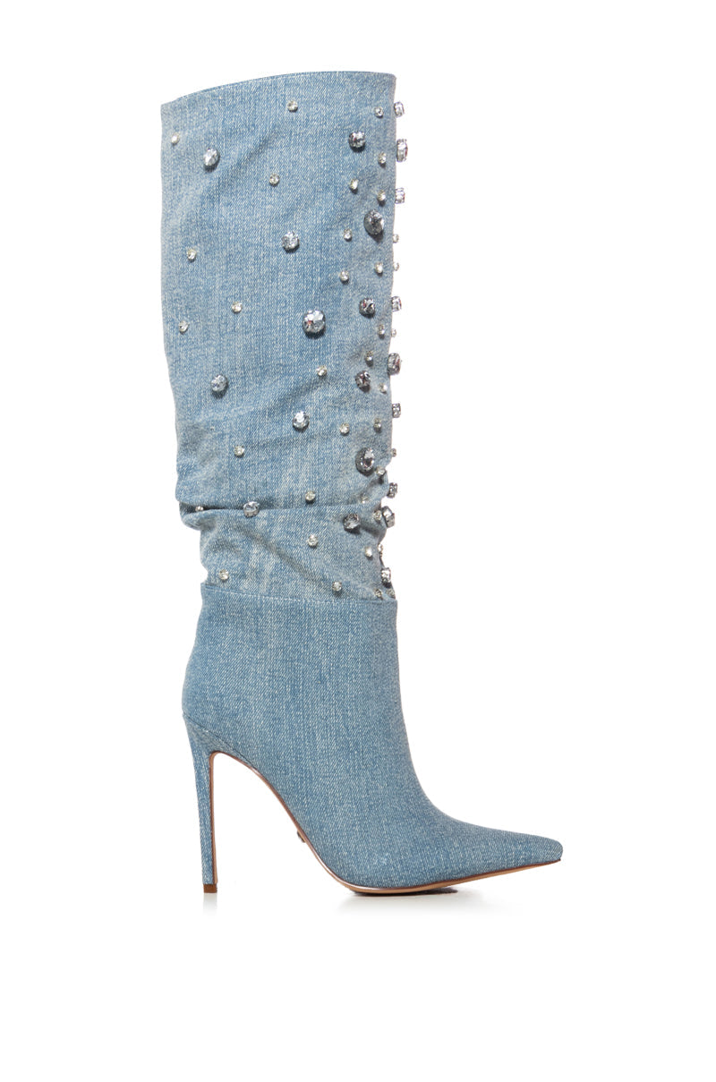 AZALEA WANG STARSHINE DENIM AND RHINESTONE SLOUCH BOOT
