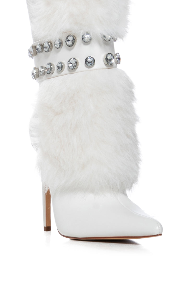 AZALEA WANG STATEN WHITE FUZZY EMBELLISHED BOOTIE