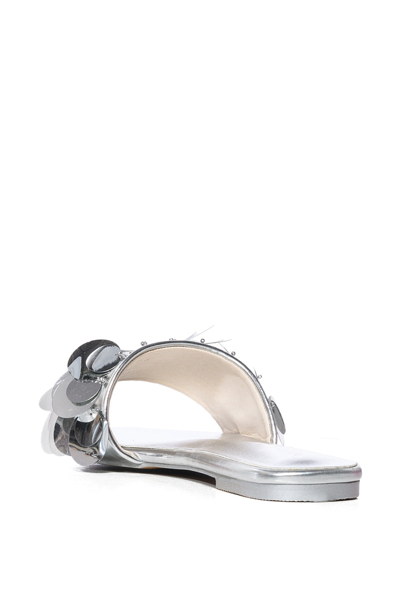 AZALEA WANG TACHI EMBELLISHED FLAT SANDAL IN SILVER