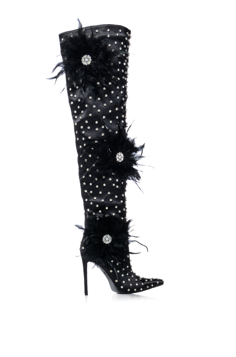 AZALEA WANG TARYN BLACK SATIN FEATHER FLOWER THIGH HIGH BOOT