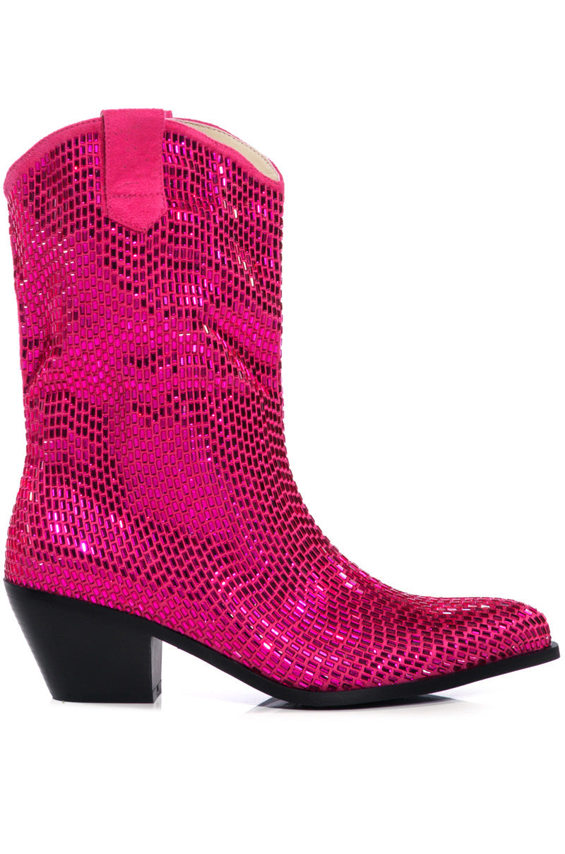 AZALEA WANG WELLINGTON WESTERN EMBELLISHED BOOTIE IN FUCHSIA