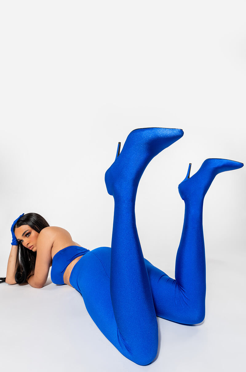 AZALEA WANG TAYTAY SEXY STILETTO BOOT PANT IN BLUE STRETCH