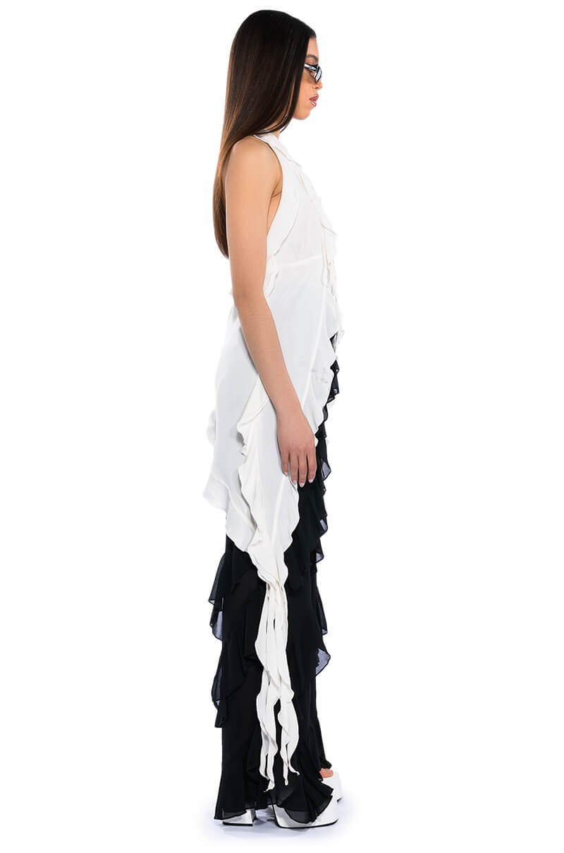 AZARI RUFFLED HIGH LOW SLEEVELESS BLOUSE