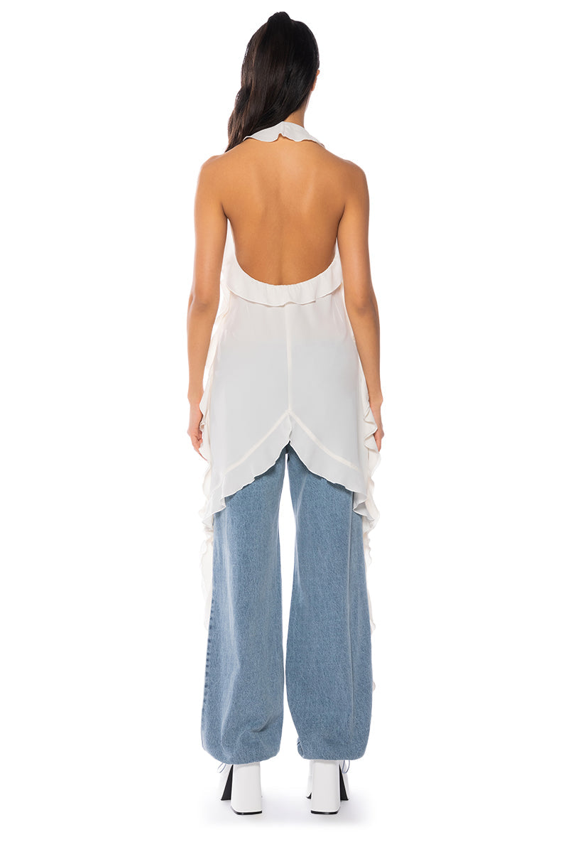 AZARI RUFFLED HIGH LOW SLEEVELESS BLOUSE