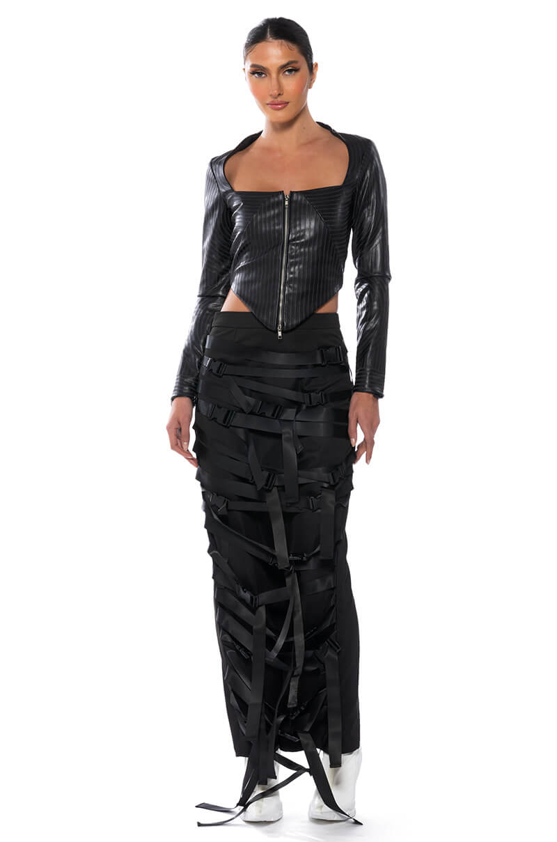 BADDIE FAUX LEATHER SQUARE NECK ZIP FRONT TOP