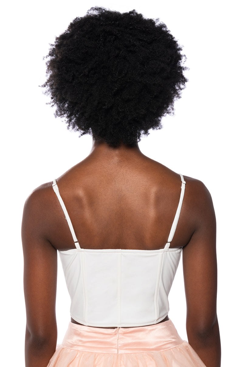 BE ABOUT IT SLEEVELESS FAUX LEATHER CORSET