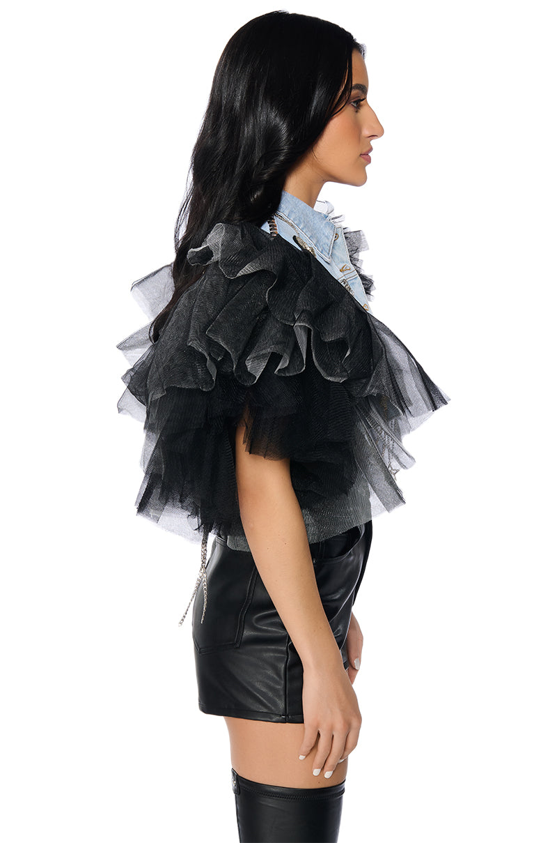 BEBE LUXE EMBELLISHED DENIM AND TULLE CROP VEST