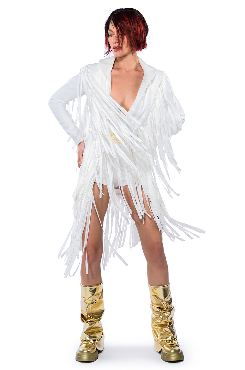 BEEN WINNING FRINGE LONG SLEEVE MINI DRESS
