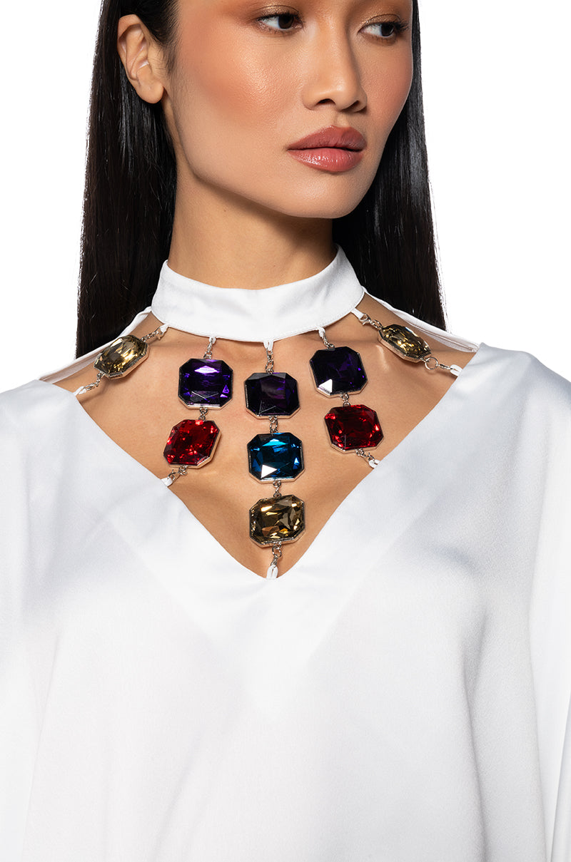 BEJEWELED LONG SLEEVE SATIN BLOUSE