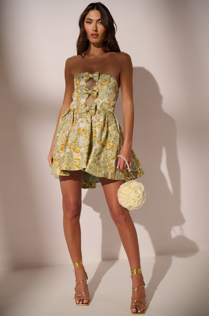 BELLE OF THE BALL BROCADE MINI DRESS IN GREEN MULTI