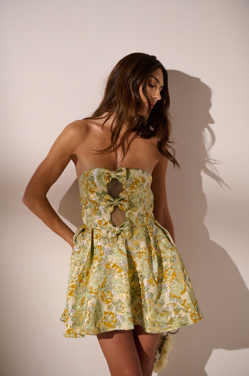 BELLE OF THE BALL BROCADE MINI DRESS IN GREEN MULTI