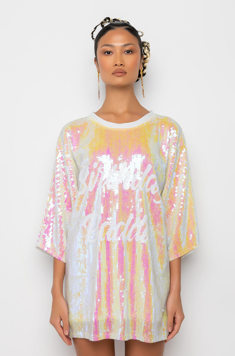 BIRTHDAY BADDIE SEQUIN T SHIRT DRESS