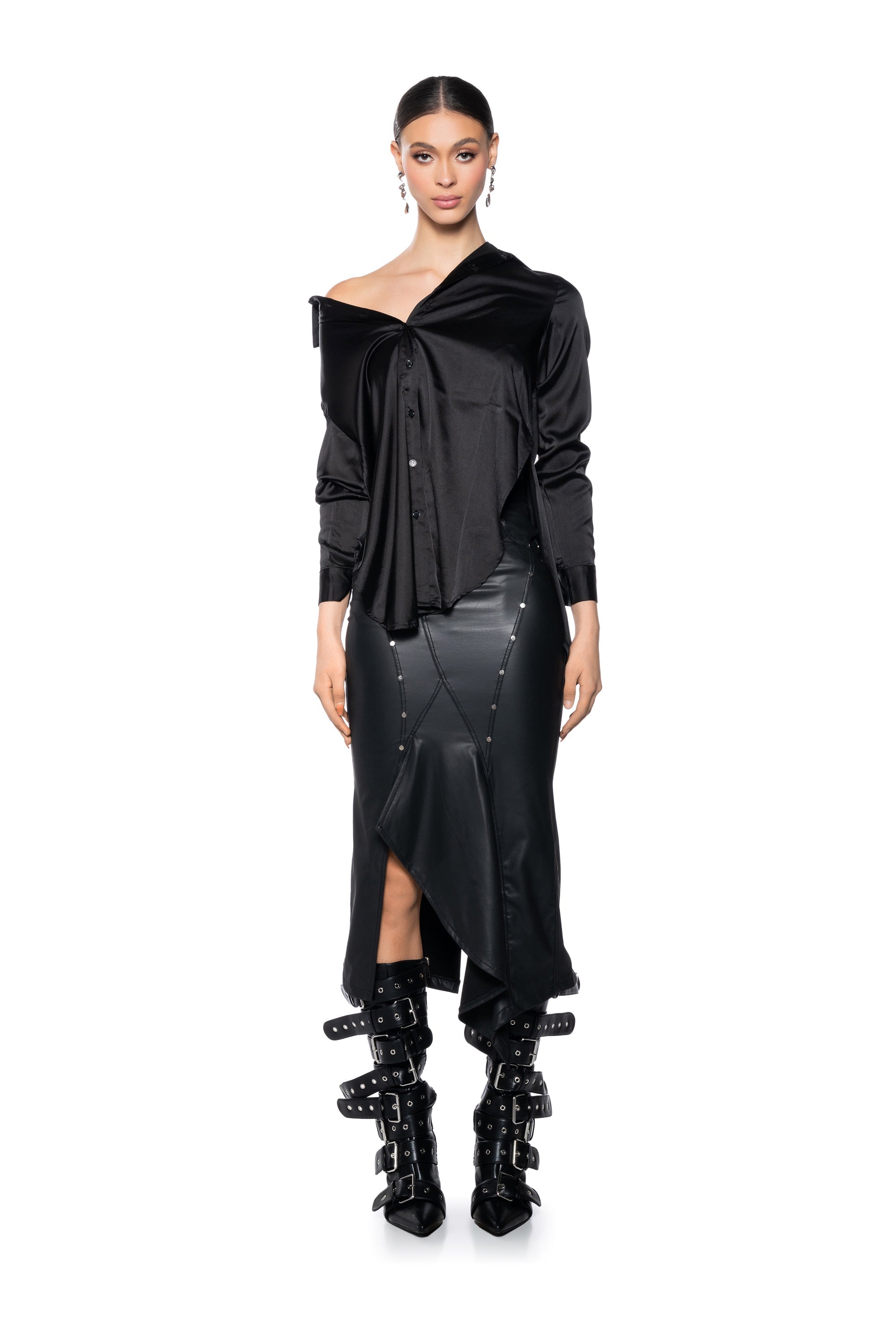 BITE ME ASYMMETRICAL FAUX LEATHER MIDI SKIRT
