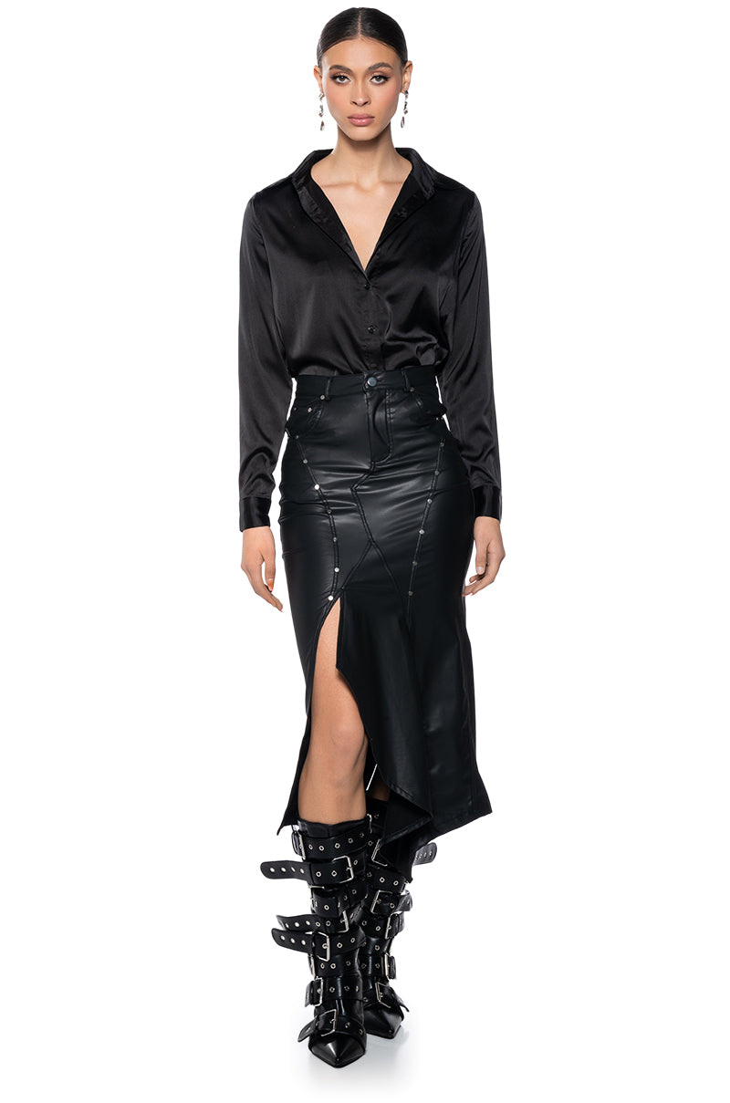 BITE ME ASYMMETRICAL FAUX LEATHER MIDI SKIRT