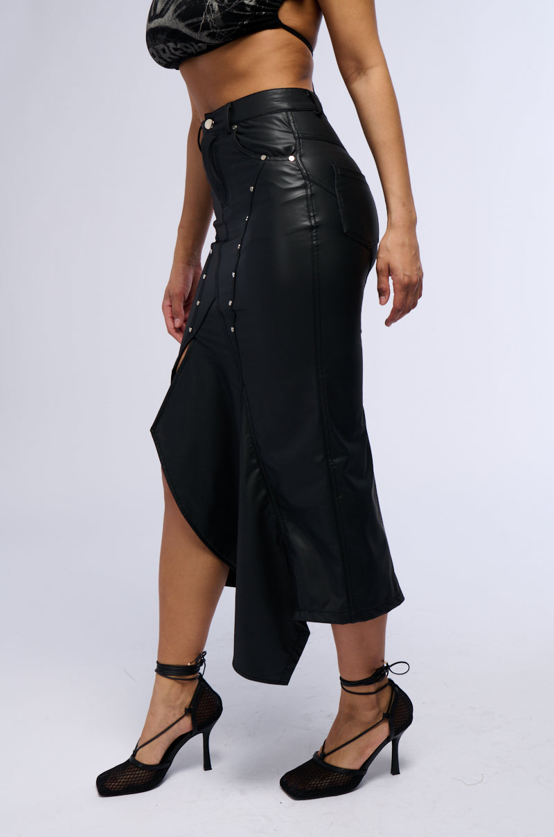 BITE ME ASYMMETRICAL FAUX LEATHER MIDI SKIRT