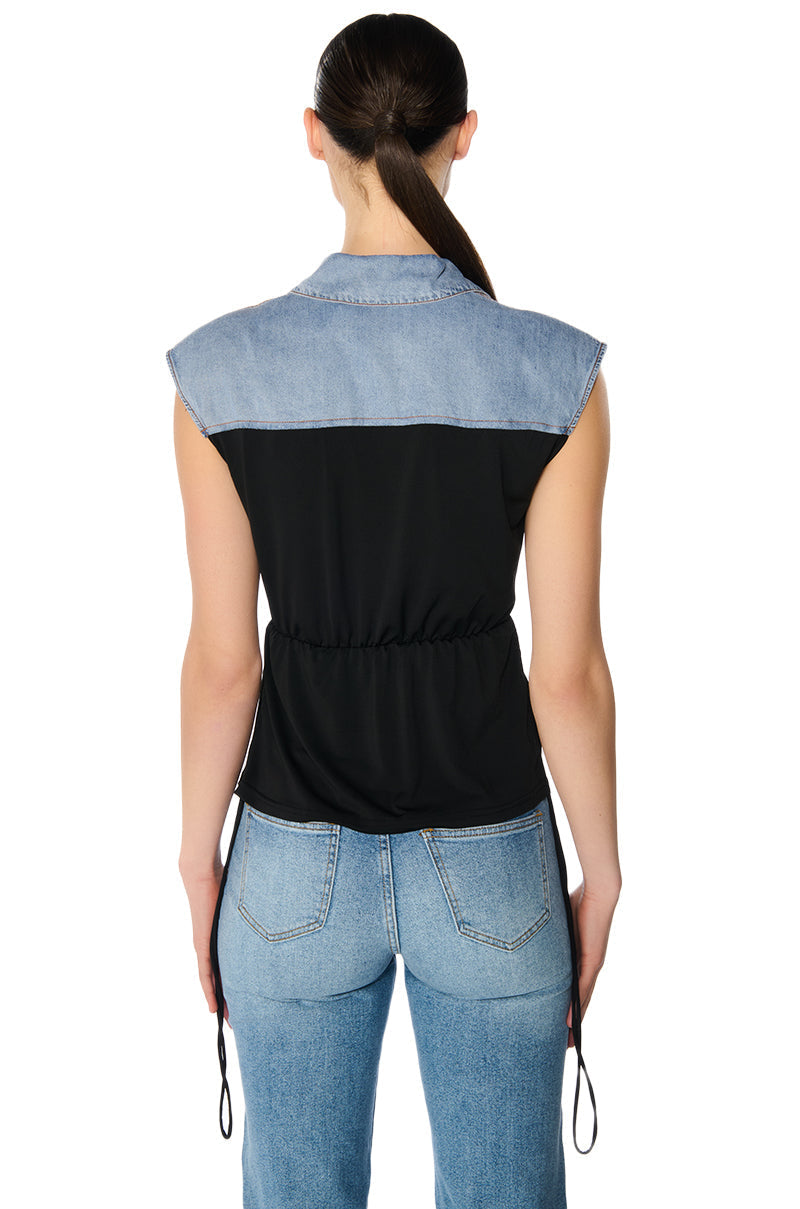 BLAME GAME DENIM DETAIL CAP SLEEVE ADJUSTABLE BLOUSE IN BLACK