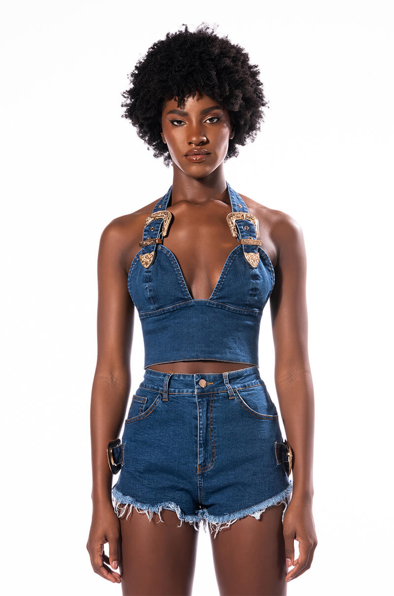 BLUE JEAN BABY BUCKLE HALTER CROP TOP