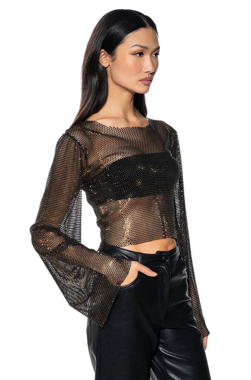 BLURRED LOVE LONG SLEEVE RHINESTONE TOP IN BLACK