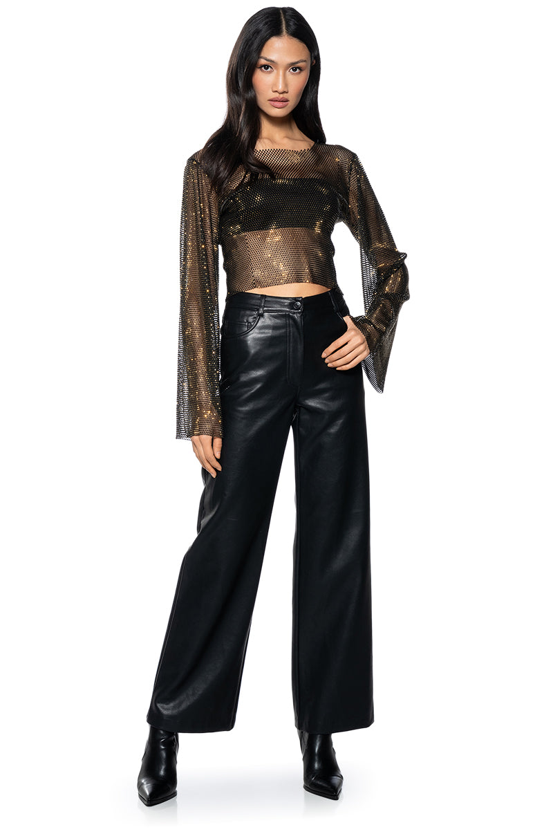 BLURRED LOVE LONG SLEEVE RHINESTONE TOP IN BLACK
